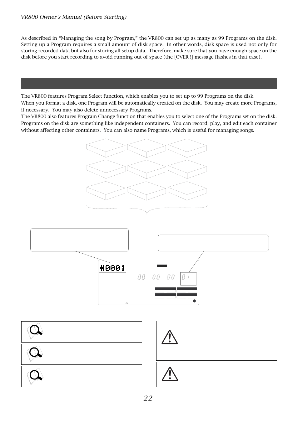 Managing songs by program change function, Vr800 owner’s manual (before starting) | Fostex VR800 User Manual | Page 22 / 122
