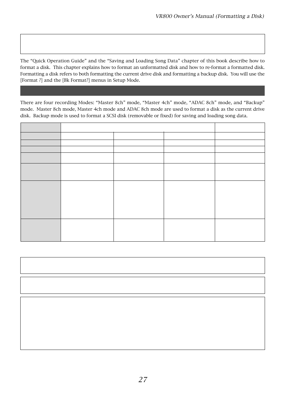 Formatting a disk, Recording mode | Fostex VR800 User Manual | Page 27 / 122