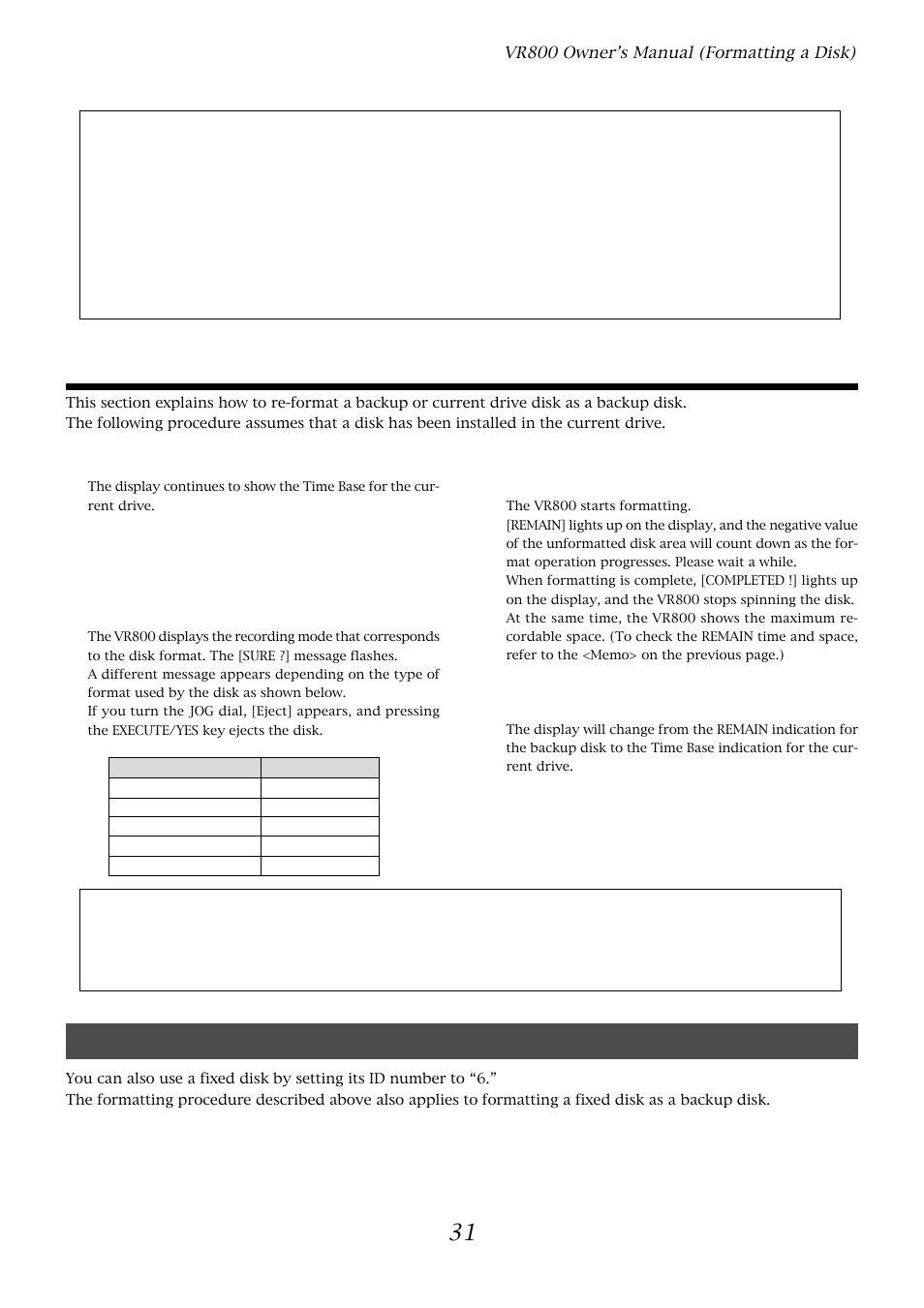 Formatting a backup disk (fixed disk), Re-formatting a formatted disk for backup | Fostex VR800 User Manual | Page 31 / 122