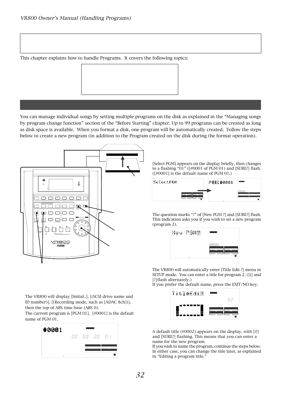 Handling programs, Creating a new program, Vr800 owner’s manual (handling programs) | Turn on the power), Press the execute/yes key again, Press the execute/yes key, Turn the jog dial clockwise, Optical | Fostex VR800 User Manual | Page 32 / 122