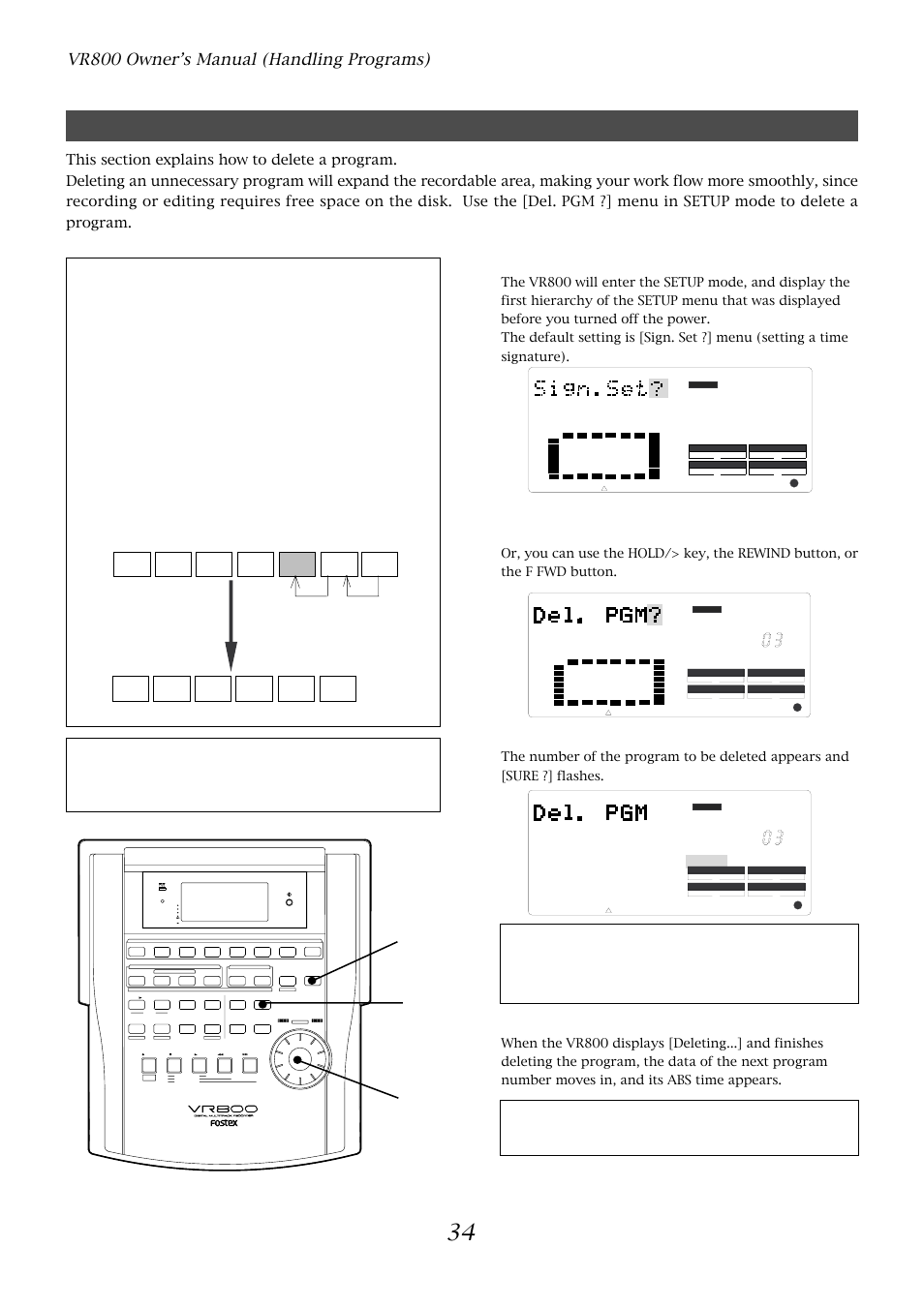 Deleting a program, Vr800 owner’s manual (handling programs), Press the setup key while the vr800 is stopped | Press the execute/yes key, Press the execute/yes key again, Optical, After deleted | Fostex VR800 User Manual | Page 34 / 122