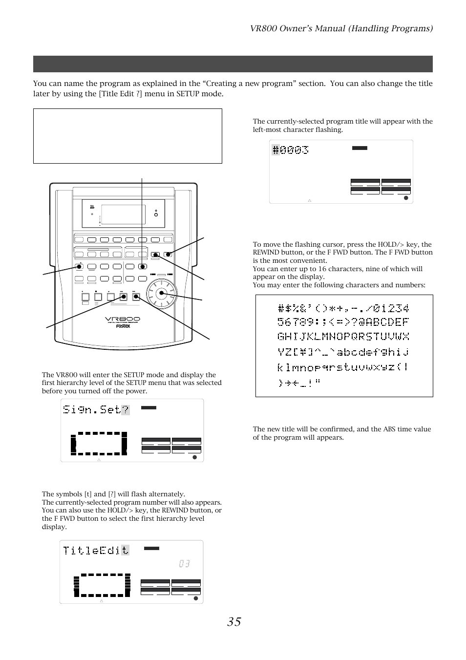 Editing a program title, Vr800 owner’s manual (handling programs), Press the setup key while the vr800 is stopped | Press the execute/yes key, Optical | Fostex VR800 User Manual | Page 35 / 122