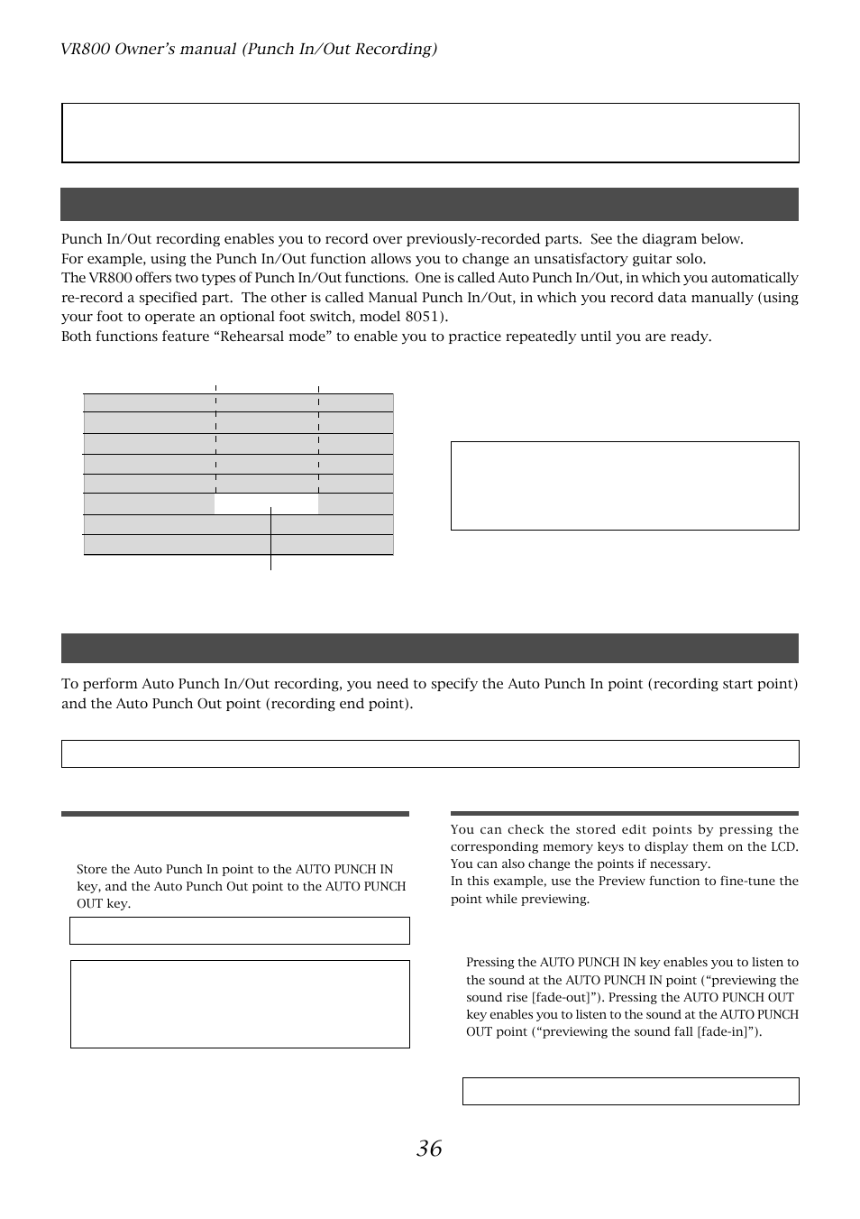 Punch in/out recording, What is punch in/out recording, Preparation auto punch in/out | Storing the edit points, Previewing and trimming the edit points | Fostex VR800 User Manual | Page 36 / 122