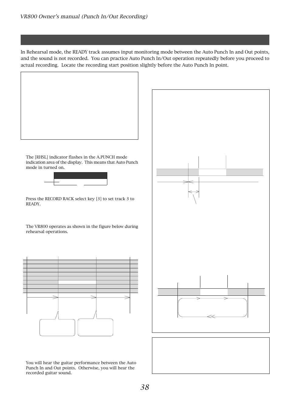 Rehearsing auto punch in/out recording, Tips for rehearsal, Vr800 owner’s manual (punch in/out recording) | Set the track for auto punch in/out to ready, Rhsl a.punch | Fostex VR800 User Manual | Page 38 / 122