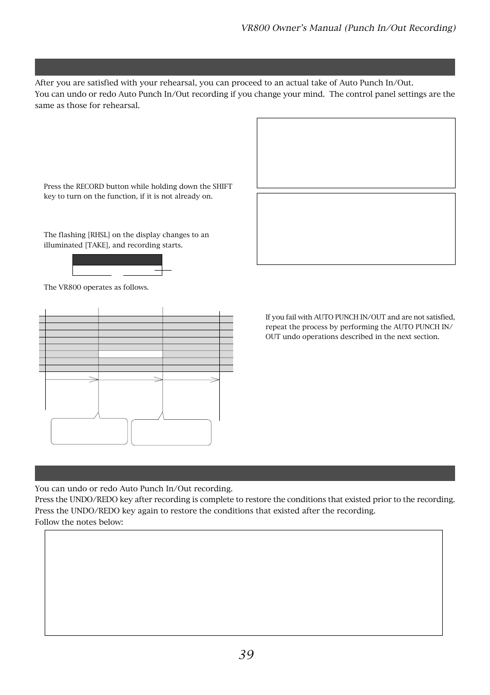 Auto punch in/out take, Undo/redo auto punch in/out recording, Caution after punch out | Fostex VR800 User Manual | Page 39 / 122