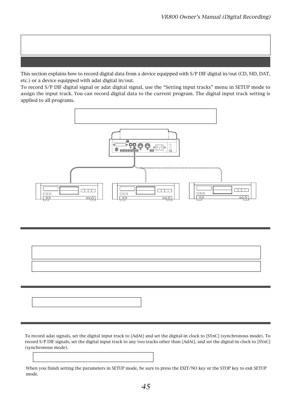 Digital recording, Digital recording from an external digital device, Connecting an external digital device | Selecting a program to record, Assigning tracks and setting the digital-in clock | Fostex VR800 User Manual | Page 45 / 122