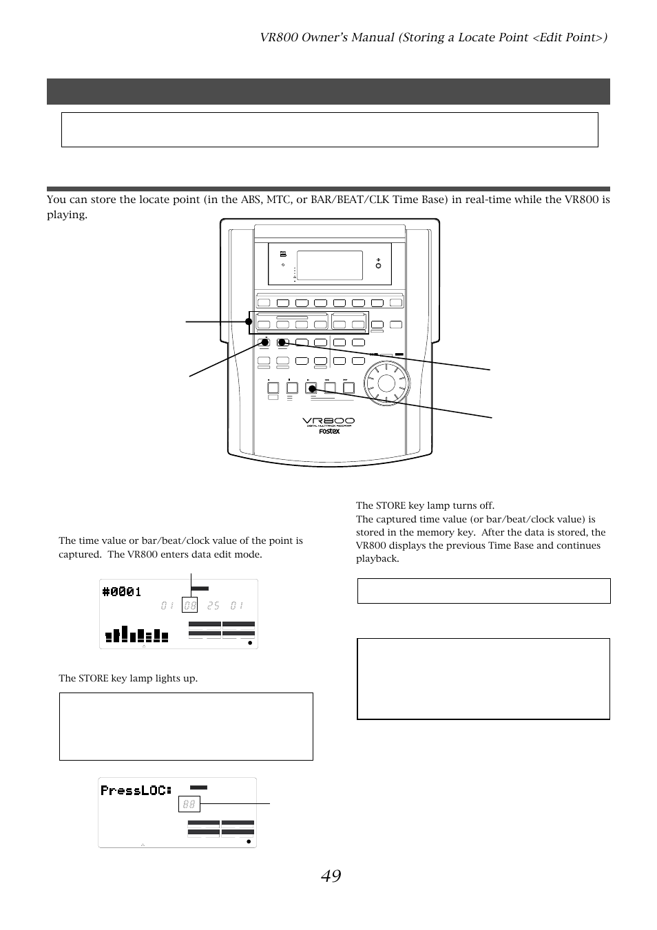 Storing in real-time, Press the store key, Press the stop button | Optical, The store key lamp lights up, Flashing | Fostex VR800 User Manual | Page 49 / 122