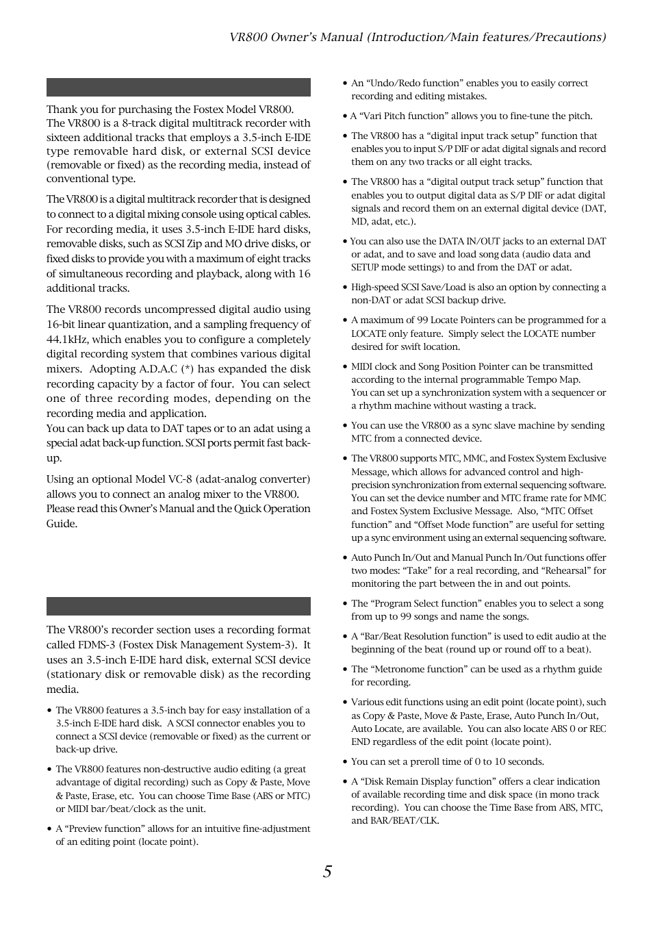 Introduction, Main features | Fostex VR800 User Manual | Page 5 / 122