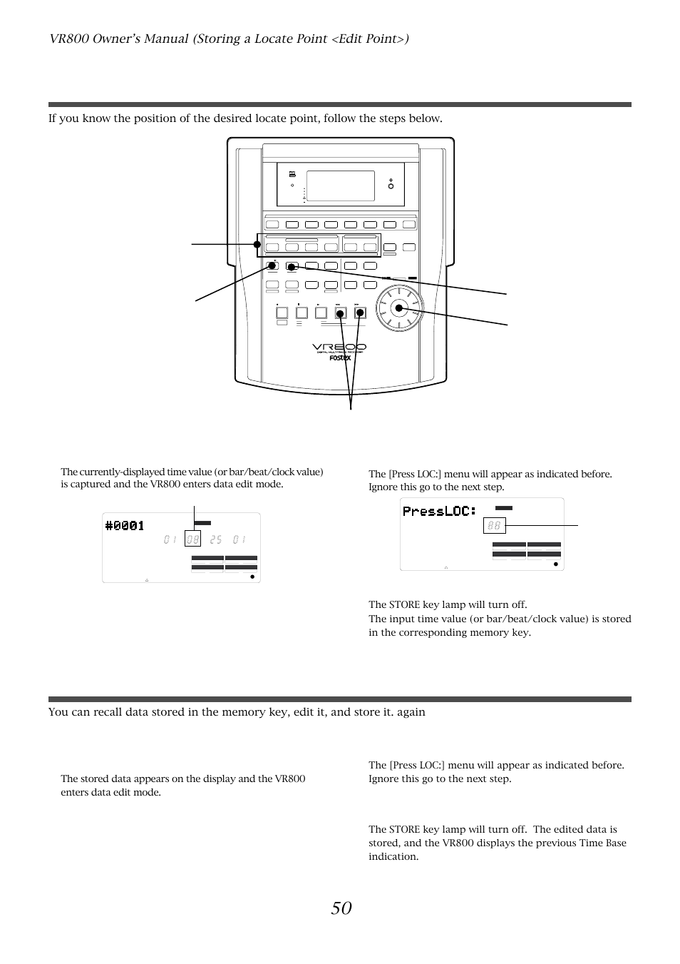 50 editing and storing locate data, Editing and storing data, Press the hold/> key while the vr800 is stopped | Press the store key, Optical, Flashing | Fostex VR800 User Manual | Page 50 / 122