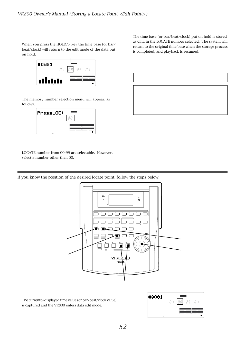 Editing and storing locate data, Press the hold/> key while the vr800 is stopped, Press the store key | Next press the locate key, The store key lamp lights up), Optical, Flashing | Fostex VR800 User Manual | Page 52 / 122