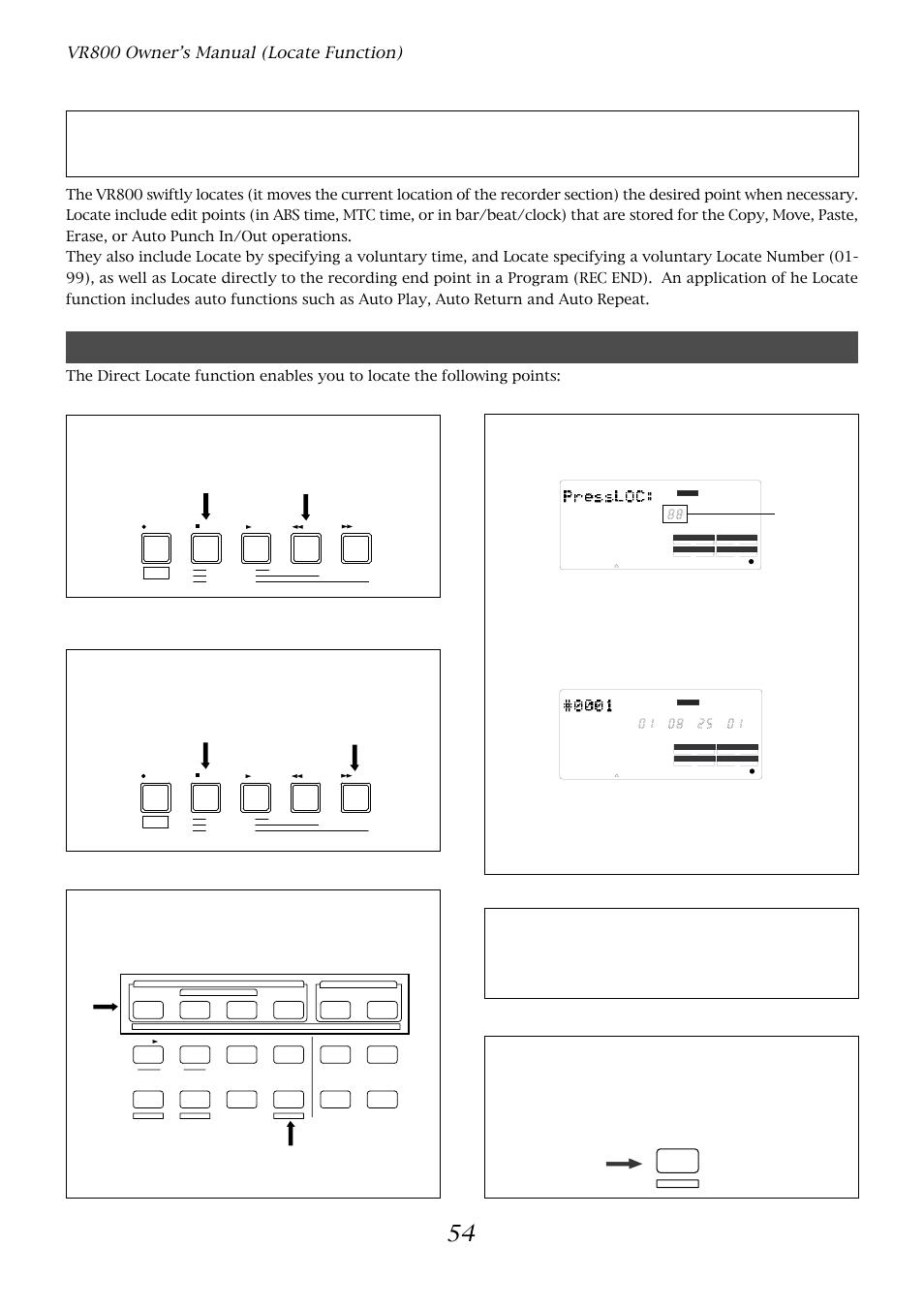 Locate function, Direct locate, Vr800 owner’s manual (locate function) | Locate a specified point, Press the locate key again, The locate number selection menu appears | Fostex VR800 User Manual | Page 54 / 122