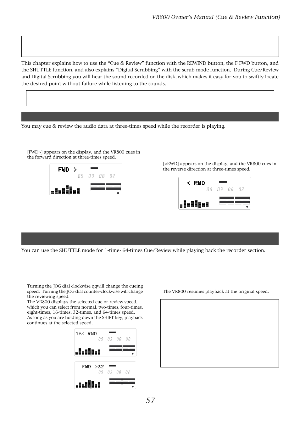 Cue & review function, Cue & review function using the shuttle feature, Vr800 owner’s manual (cue & review function) | Press the play button to play the audio data | Fostex VR800 User Manual | Page 57 / 122