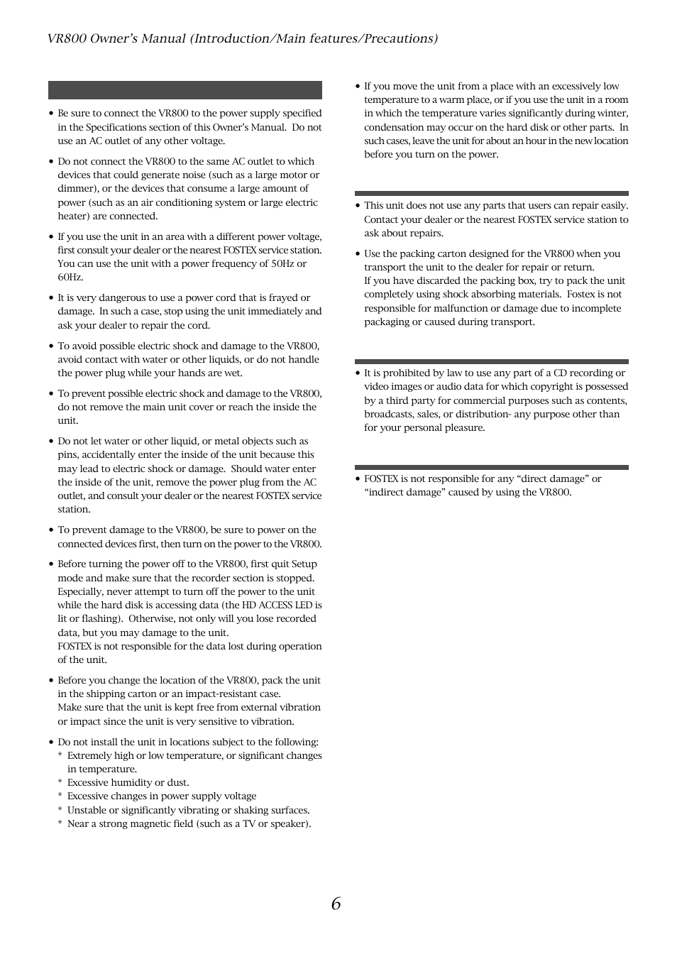 Precautions | Fostex VR800 User Manual | Page 6 / 122