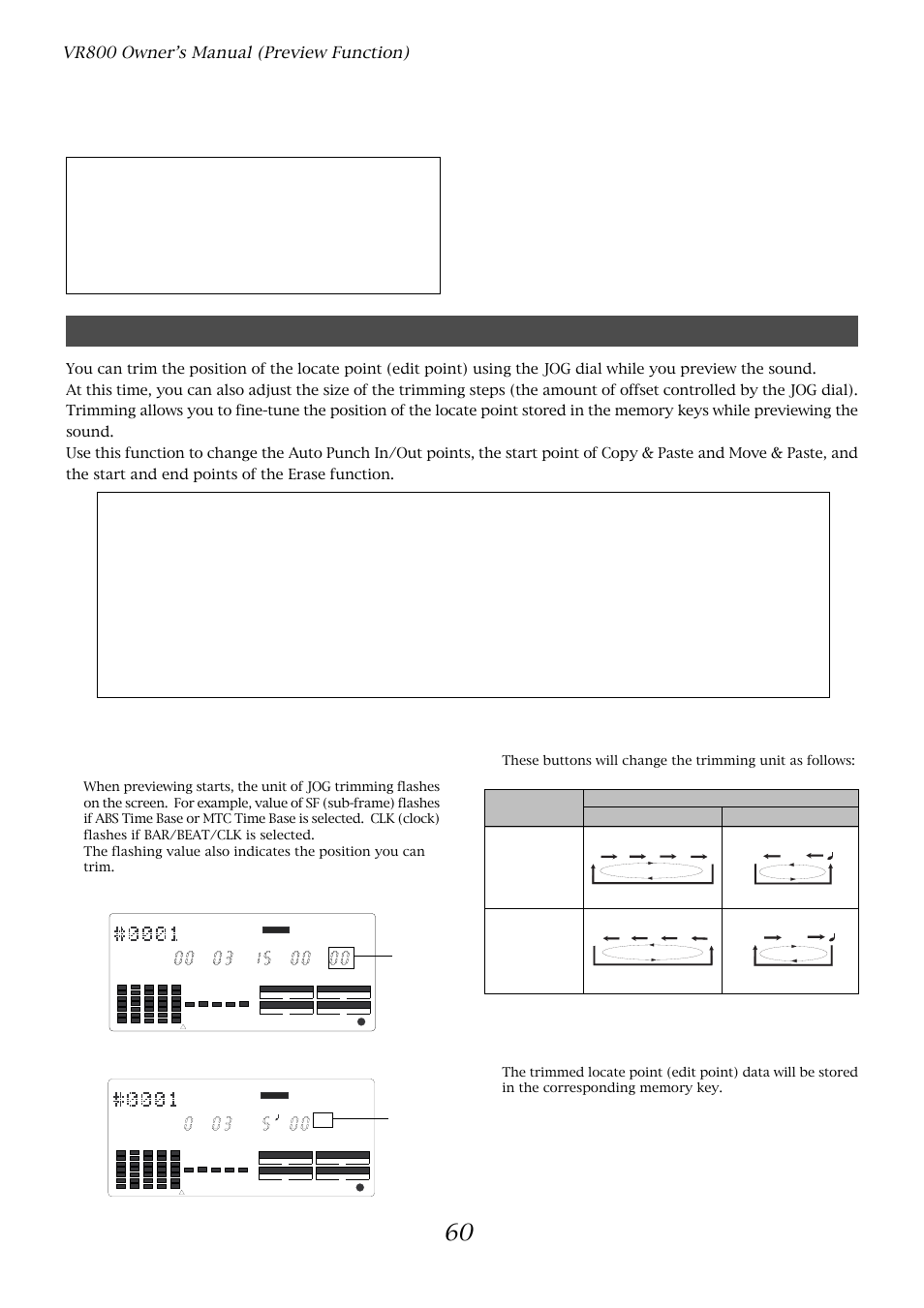 Trimming the sound while previewing, Vr800 owner’s manual (preview function), Example: time base is abs (value of sf flashes.) | Example: time base is bar/beat/clk (clk flashes.) | Fostex VR800 User Manual | Page 60 / 122