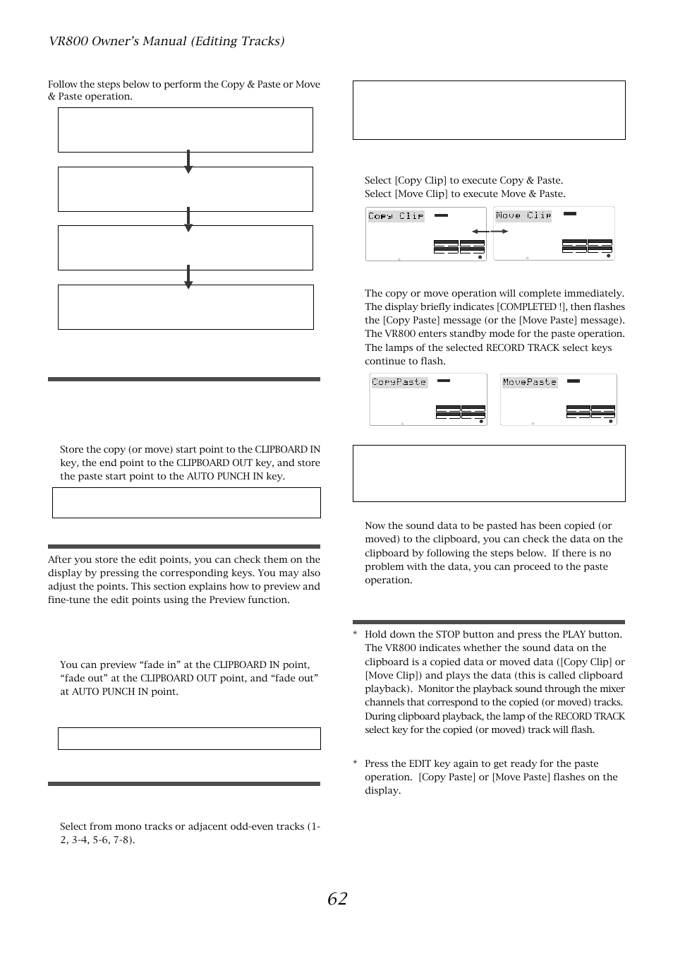 Storing the edit points, Checking and adjusting the edit points, Executing copy (or move) | Checking the clipboard data, Vr800 owner’s manual (editing tracks), Trim the edit point while previewing, Press the execute/yes key | Fostex VR800 User Manual | Page 62 / 122