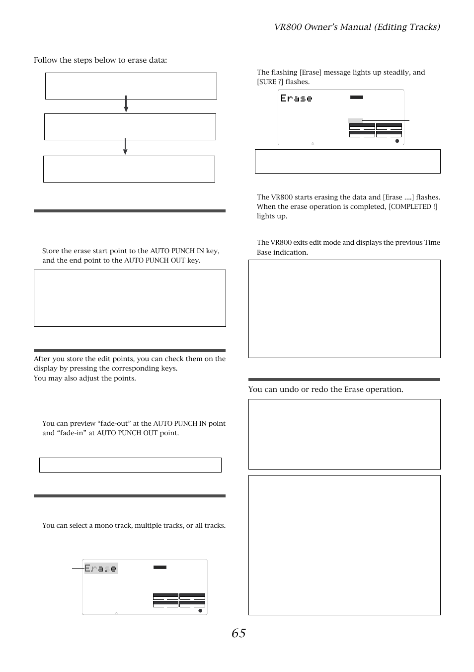 Storing the edit points, Checking and adjusting the edit points, Executing erase | Undo/redo erase, Vr800 owner’s manual (editing tracks), Trim the edit point while previewing, Press the execute/yes key, Press the execute/yes key again, Press the stop button or the exit/no key | Fostex VR800 User Manual | Page 65 / 122