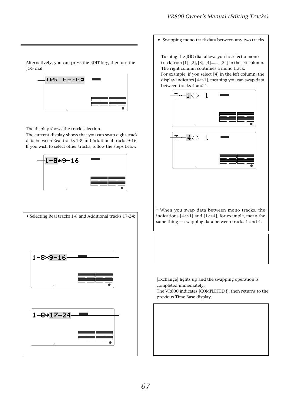 Executing track exchange, Vr800 owner’s manual (editing tracks), Press the execute/yes key | Select the tracks to swap data, When [1-8] is flashing, turn the jog dial | Fostex VR800 User Manual | Page 67 / 122