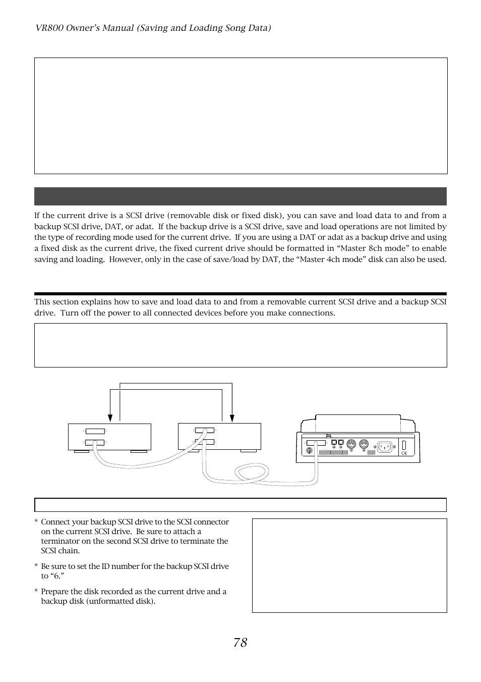 Saving/loading data using another scsi drive, Scsi drive connection and preparation, Title of data to be saved to a backup scsi disk | Fostex VR800 User Manual | Page 78 / 122