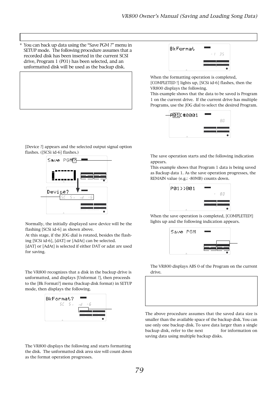 Saving data, Press the execute/yes key, Press the exit/no key to exit setup mode | Save pgm ?] menu, Flashing, Flashing lights up flashing | Fostex VR800 User Manual | Page 79 / 122