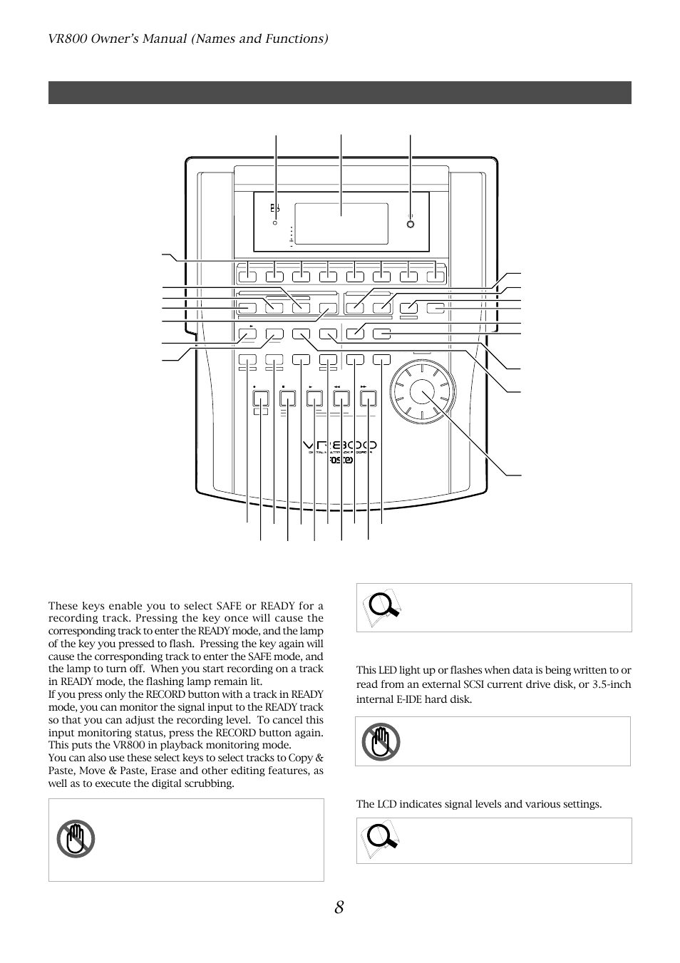 Top panel, Record track select keys [record track (1 - 8), Letters in brackets ([ ]) are labels on the panel | Fostex VR800 User Manual | Page 8 / 122