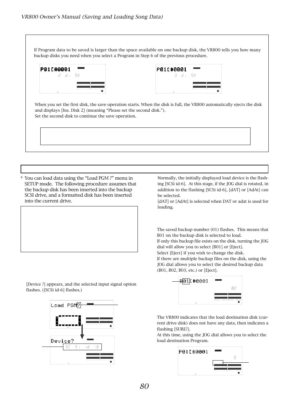 Loading data, Press the execute/yes key, Load pgm ?] menu | Flashing | Fostex VR800 User Manual | Page 80 / 122