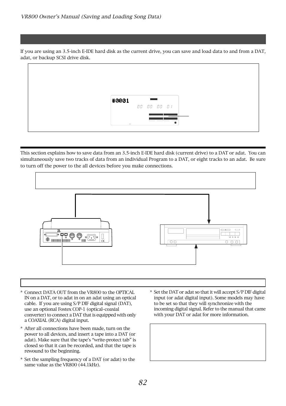 Saving song data via a dat or adat, Dat (or adat) connection and preparation, Optical | Fostex VR800 User Manual | Page 82 / 122