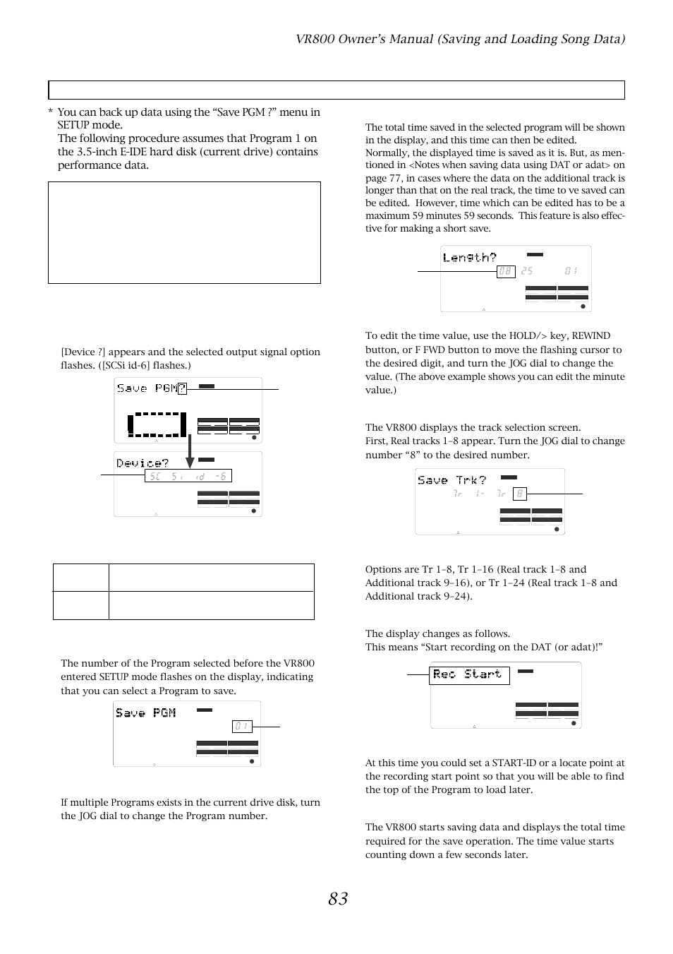 Saving data, Use the jog dial to select a program to save, Press the execute/yes key | Use the jog dial to select the desired tracks, Start recording on the dat (or adat), Save pgm ?] menu, Flashing | Fostex VR800 User Manual | Page 83 / 122