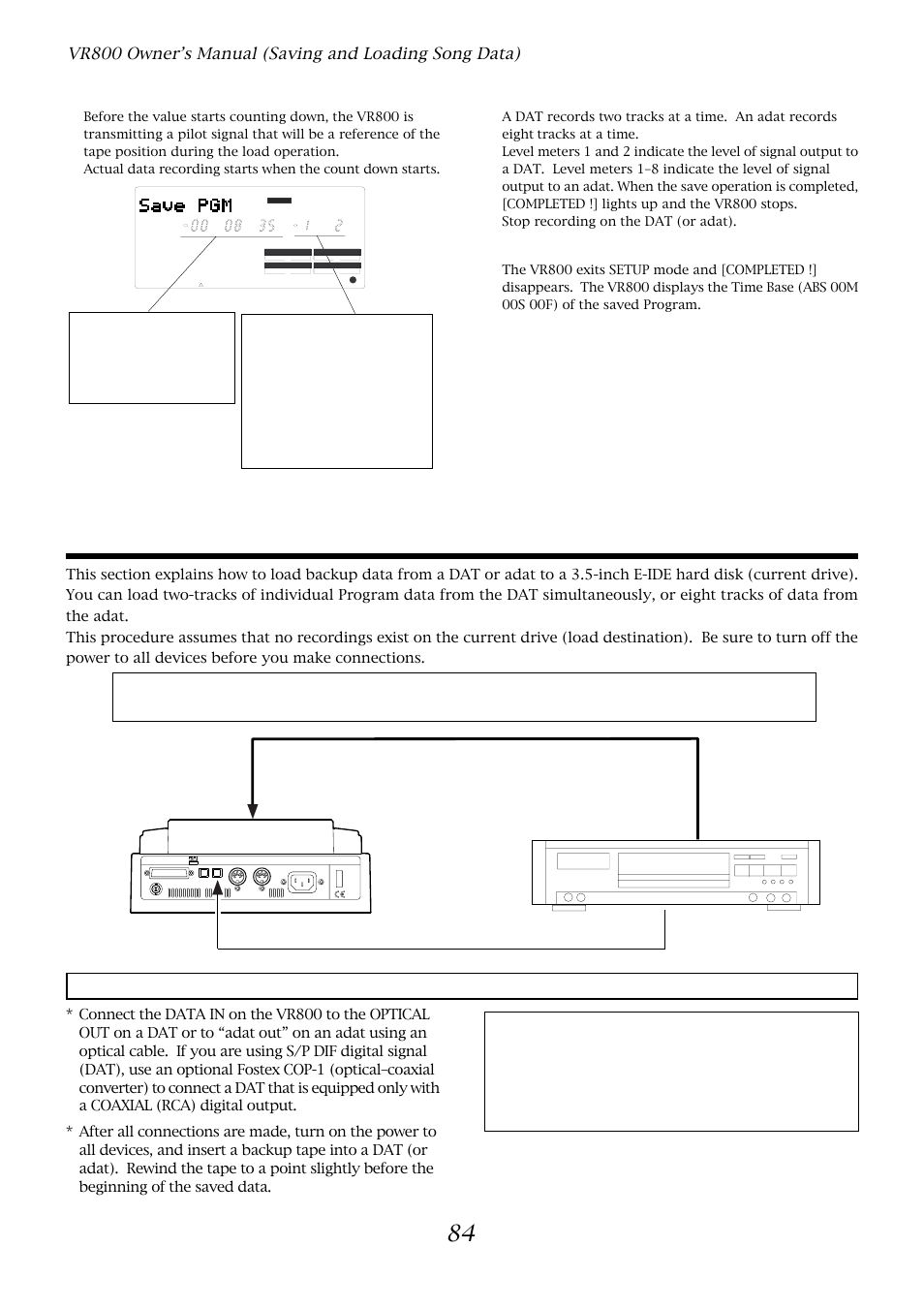 Loading song data via a dat or adat, Dat (or adat) connection and preparation, Press the exit/no key or the stop button | Optical | Fostex VR800 User Manual | Page 84 / 122