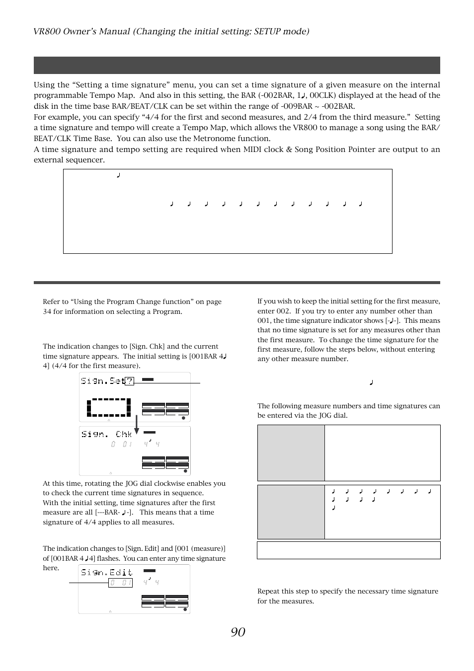 Setting a time signature (“sign. set ?” menu), Storing a time signature, Select a program for which to set a time signature | Press the execute/yes key, And enter the time signature using the jog dial, Measures, Time signatures, You cannot assign “- -” to measure 001 | Fostex VR800 User Manual | Page 90 / 122