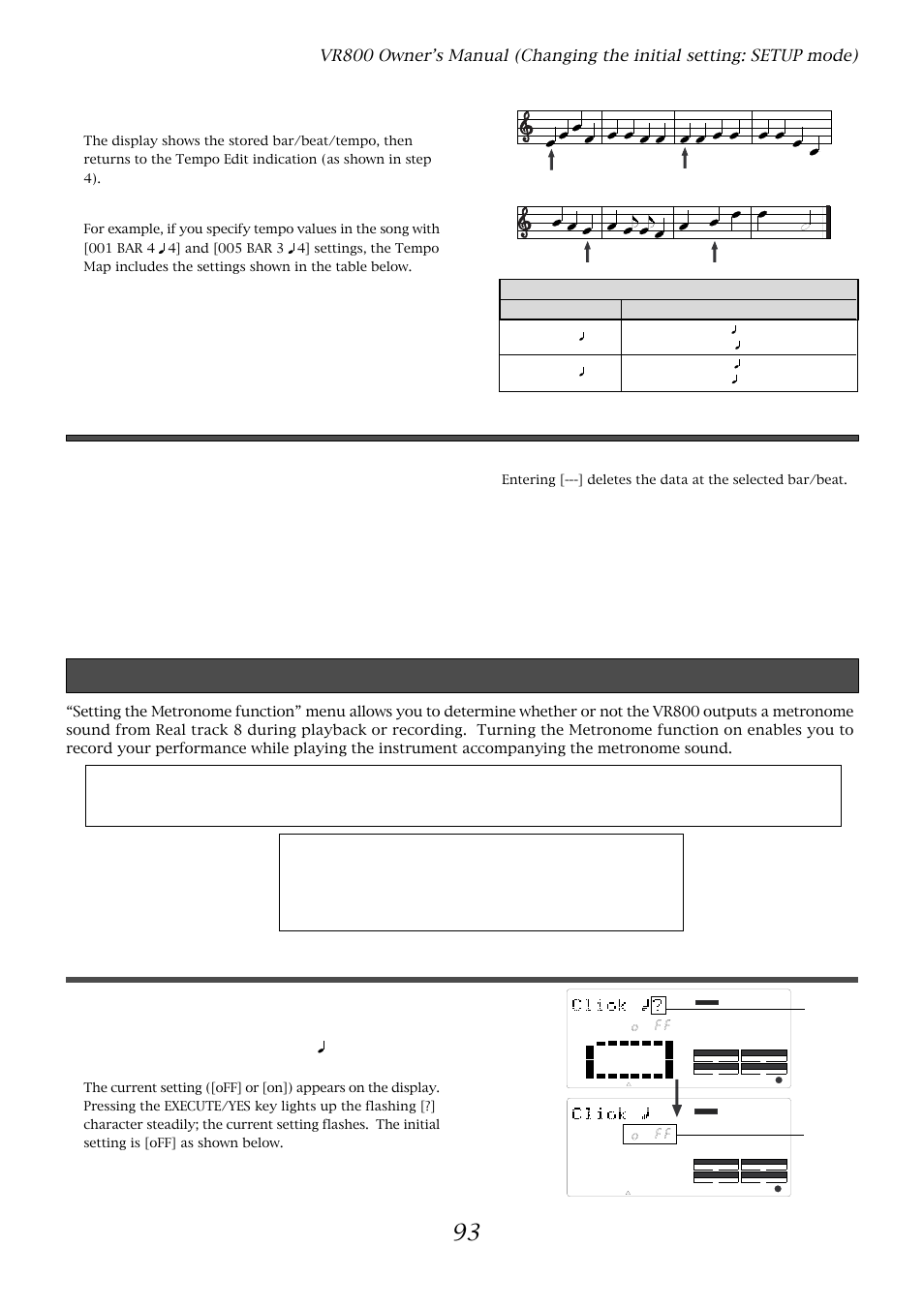 Modifying (or deleting) stored tempo settings, Setting the metronome function (“click ?” menu), Setting the metronome function | Press the execute/yes key, Repeat steps 3-5 to store necessary tempo data, Flashes.), then press the execute/yes key | Fostex VR800 User Manual | Page 93 / 122