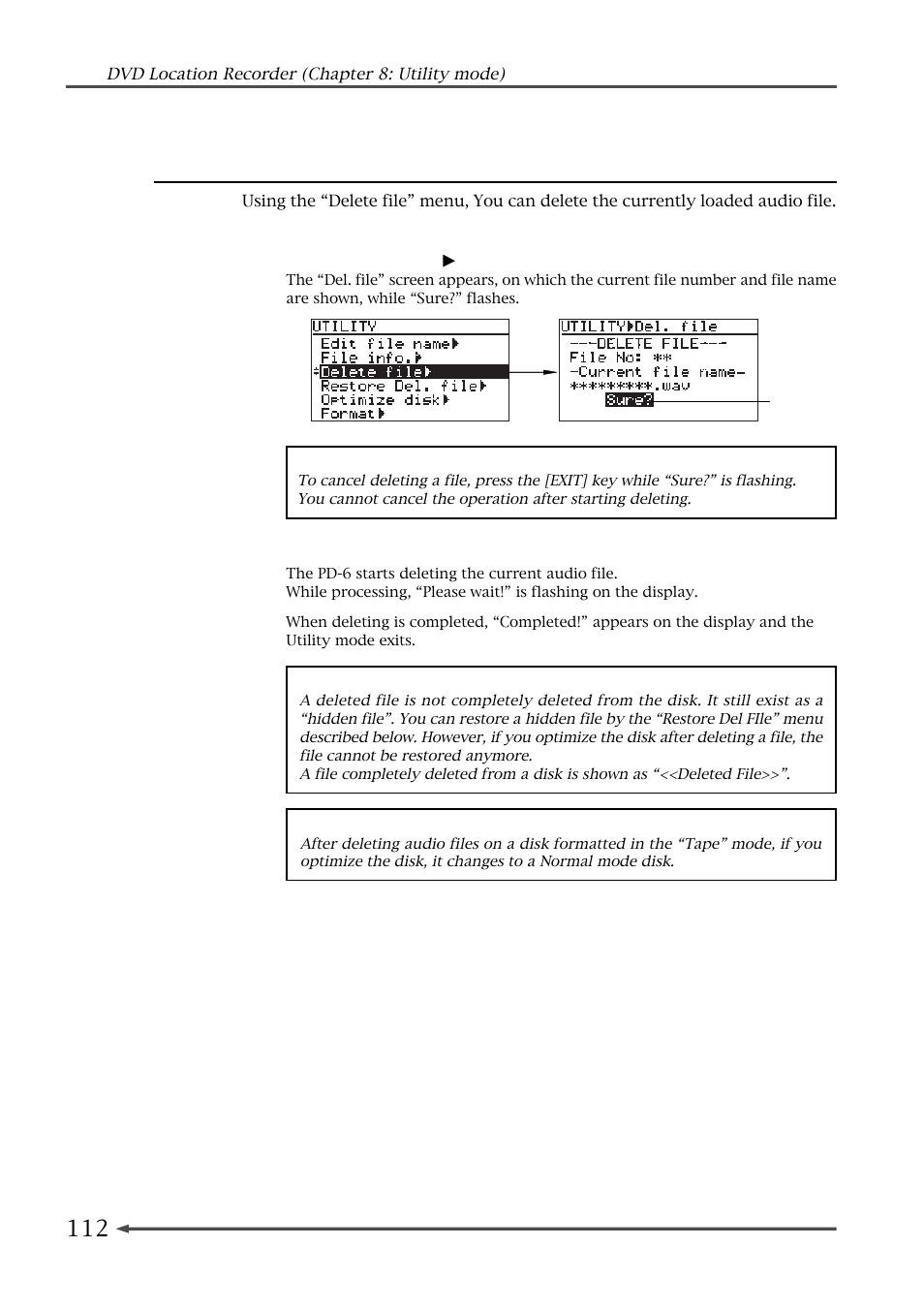 Deleting an unnecessary audio file [delete file | Fostex PD-6 User Manual | Page 114 / 150