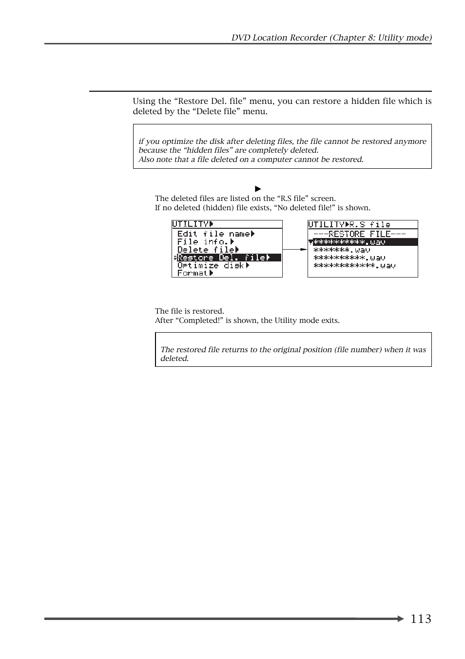 Restoring a deleted audio file [restore del. file | Fostex PD-6 User Manual | Page 115 / 150