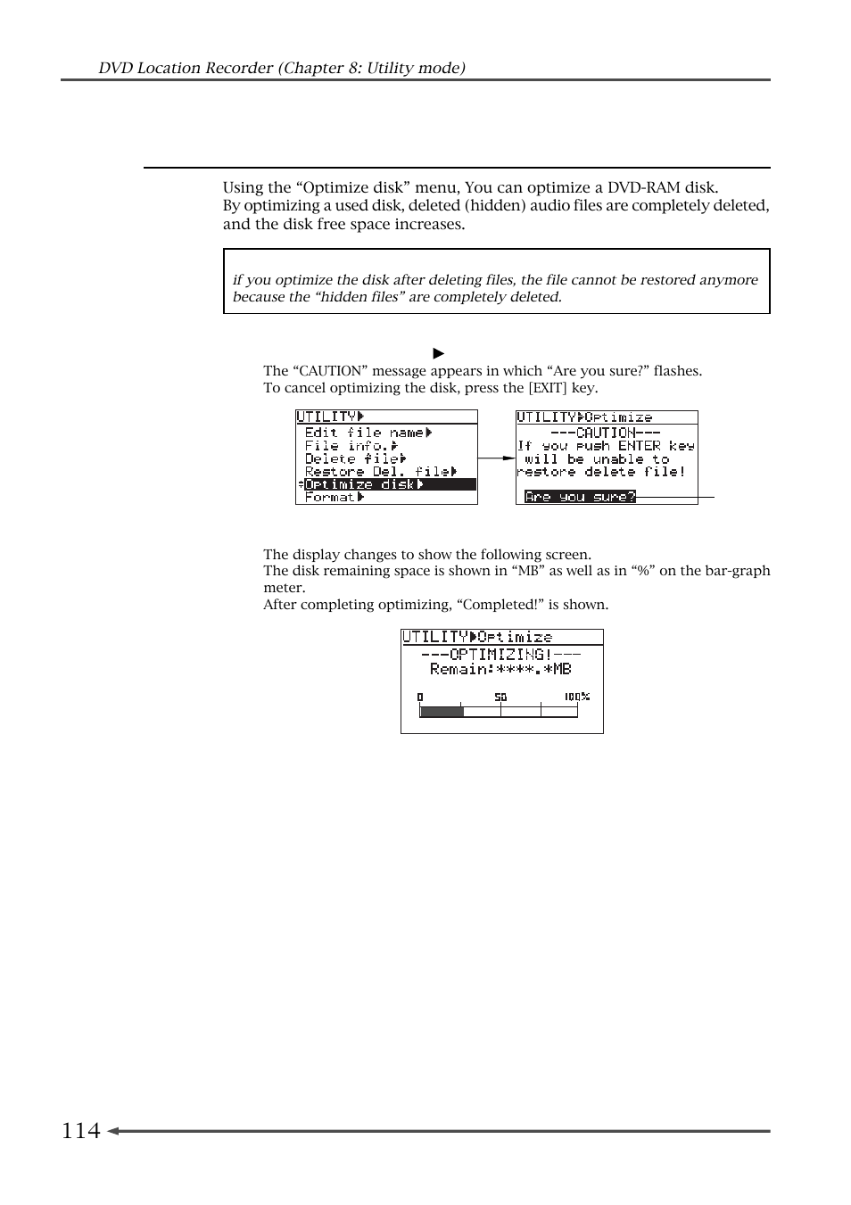 Optimizing the current disk [optimize disk | Fostex PD-6 User Manual | Page 116 / 150