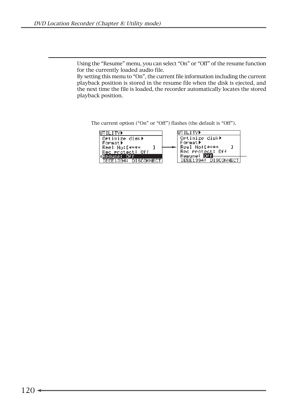 Selecting the resume function on or off [resume | Fostex PD-6 User Manual | Page 122 / 150