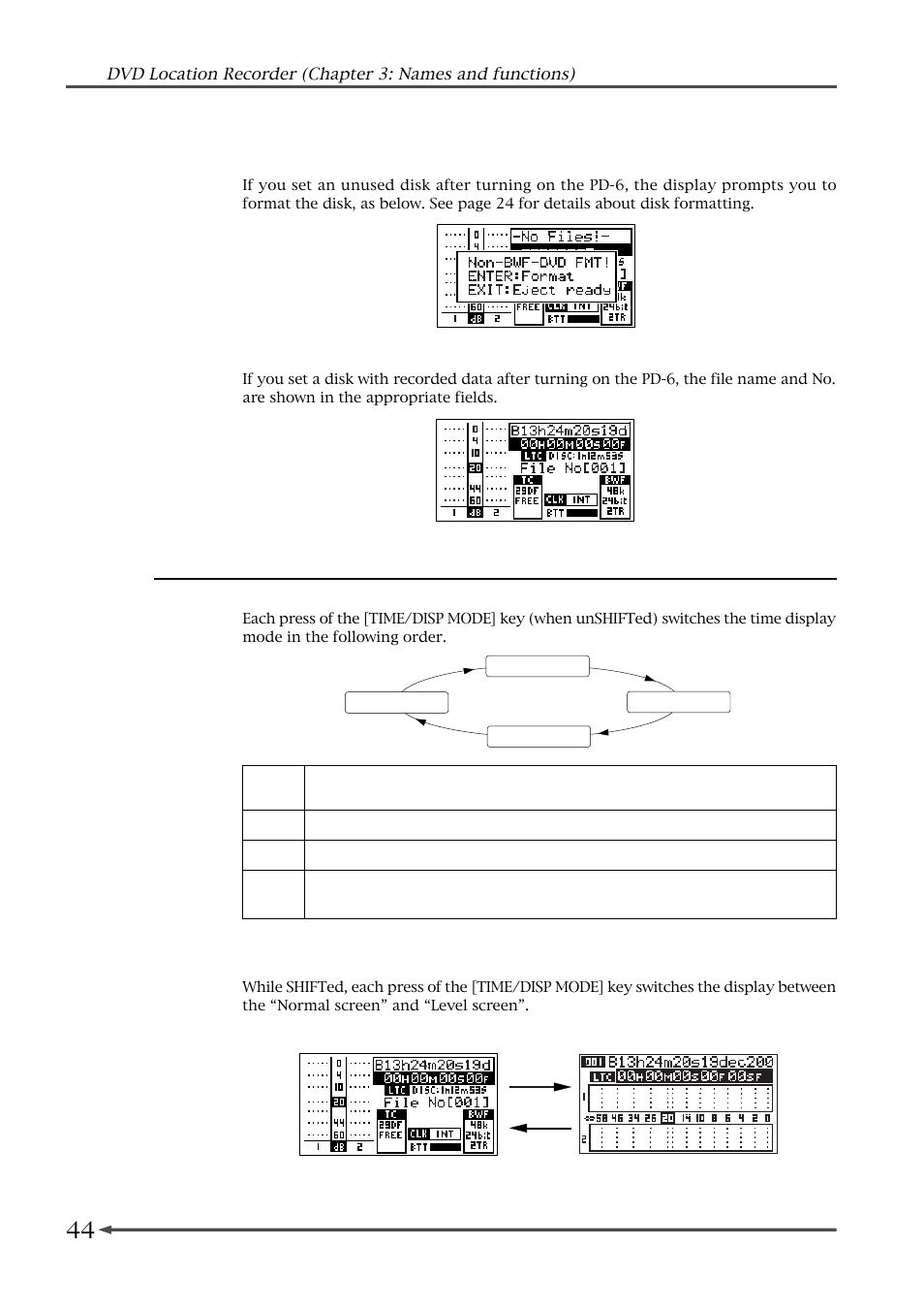 Other screens, When you set an unused disk, When you set a disk with recorded data | Time display mode selection, Display mode selection | Fostex PD-6 User Manual | Page 46 / 150