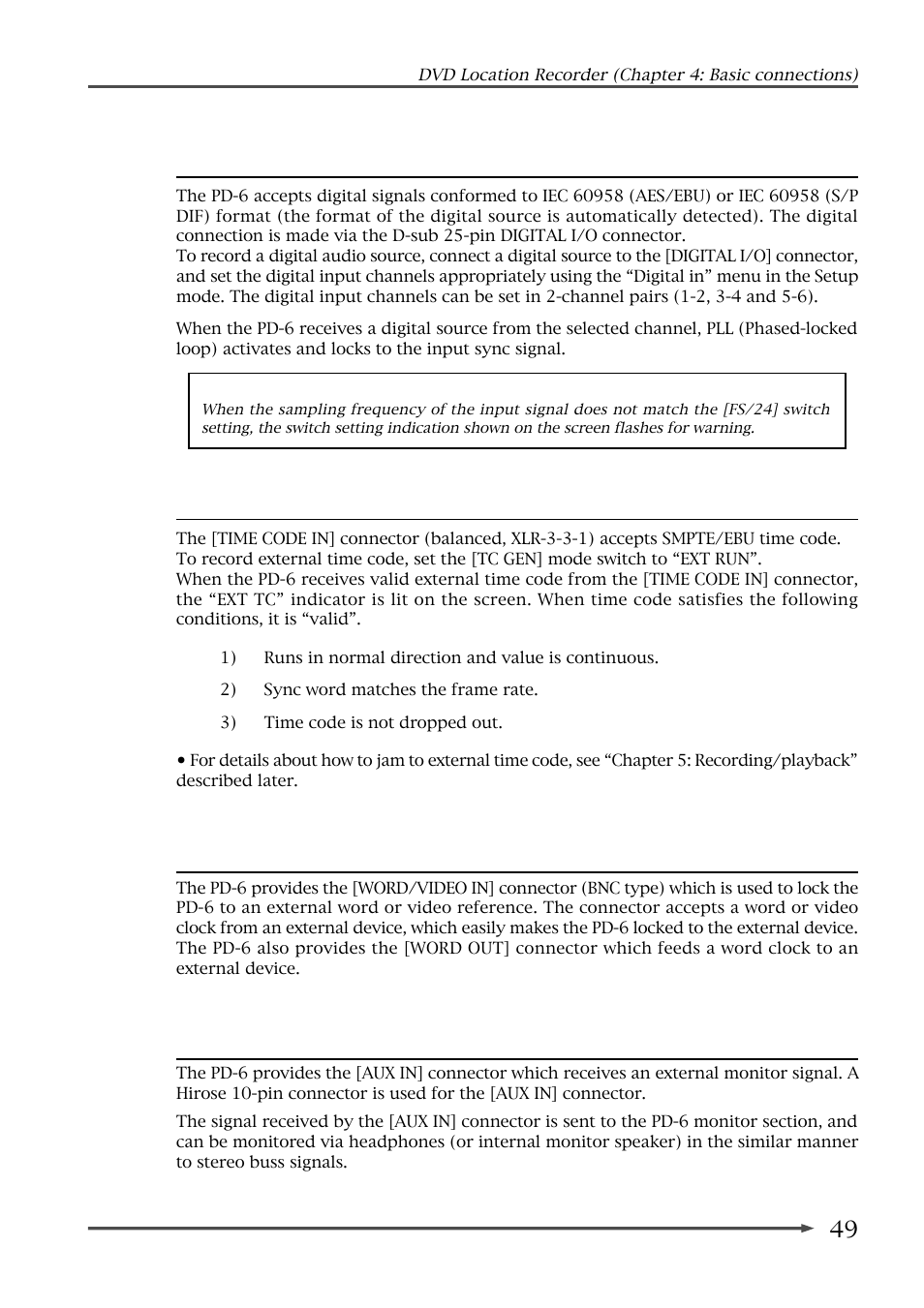 Digital audio input connection, Time code input connection, Sync signal connection | Monitor signal input connection | Fostex PD-6 User Manual | Page 51 / 150