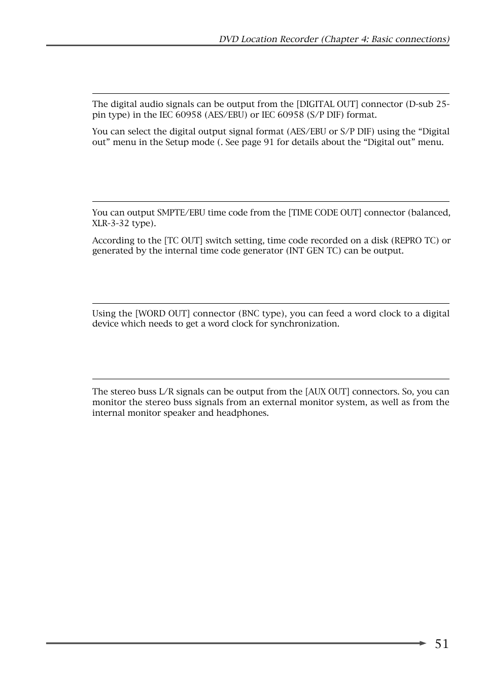 Digital audio output connection, Time code output connection, Word clock output connection | Monitor output connection | Fostex PD-6 User Manual | Page 53 / 150