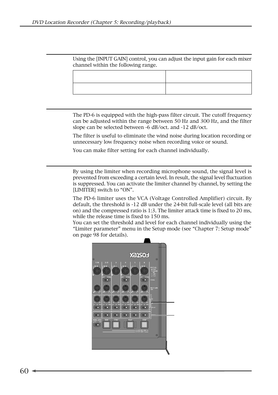 Adjusting the input gain, Filter setting, Limiter setting | Fostex PD-6 User Manual | Page 62 / 150