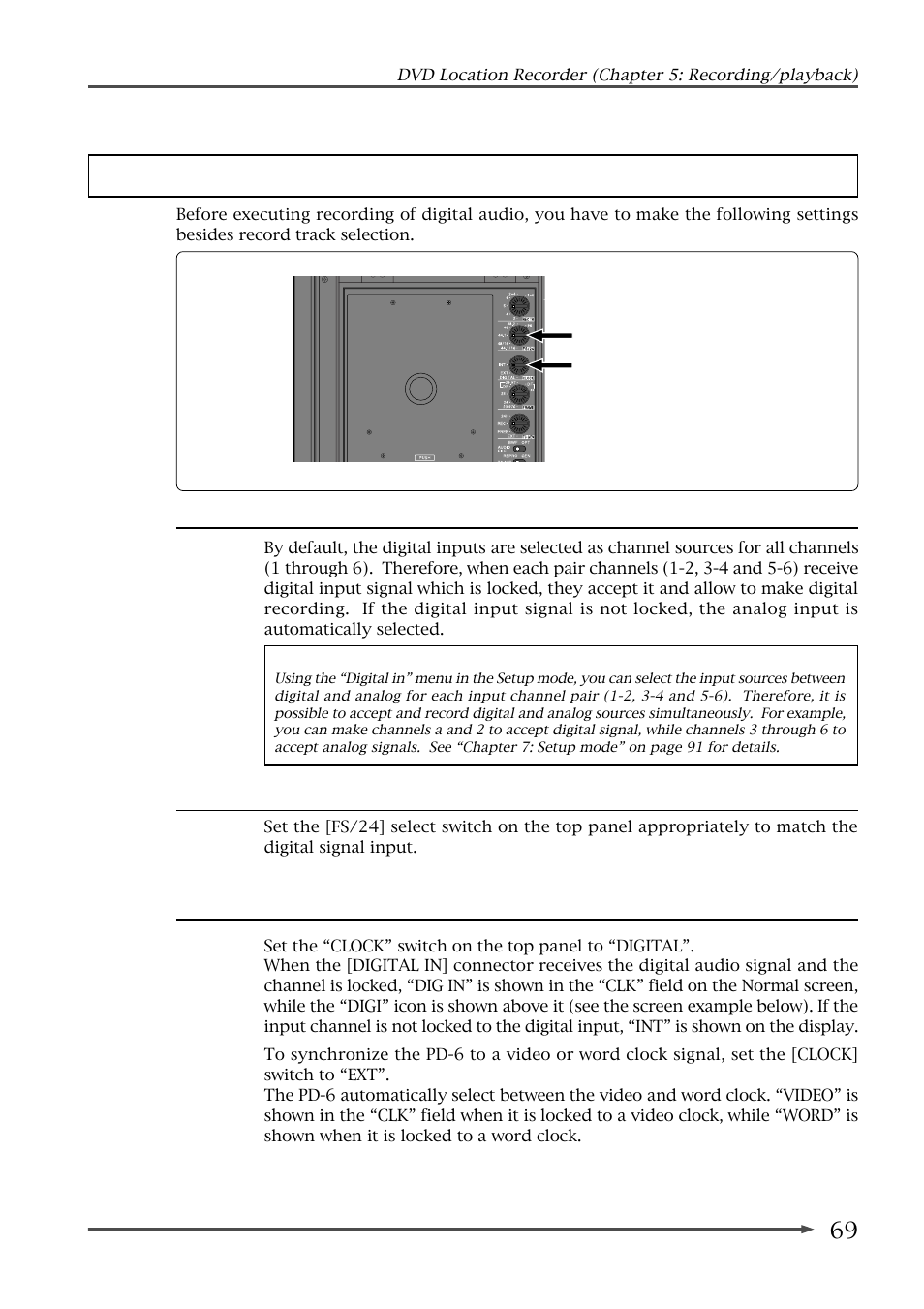 Recording digital audio, Selecting digital input channels, Selecting the sampling frequency | Selecting the system master clock | Fostex PD-6 User Manual | Page 71 / 150