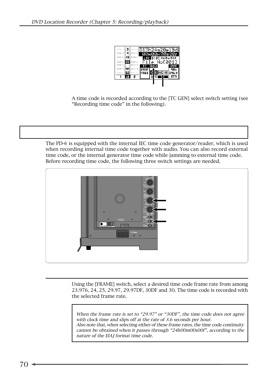 Recording time code, Selecting the tc frame rate | Fostex PD-6 User Manual | Page 72 / 150