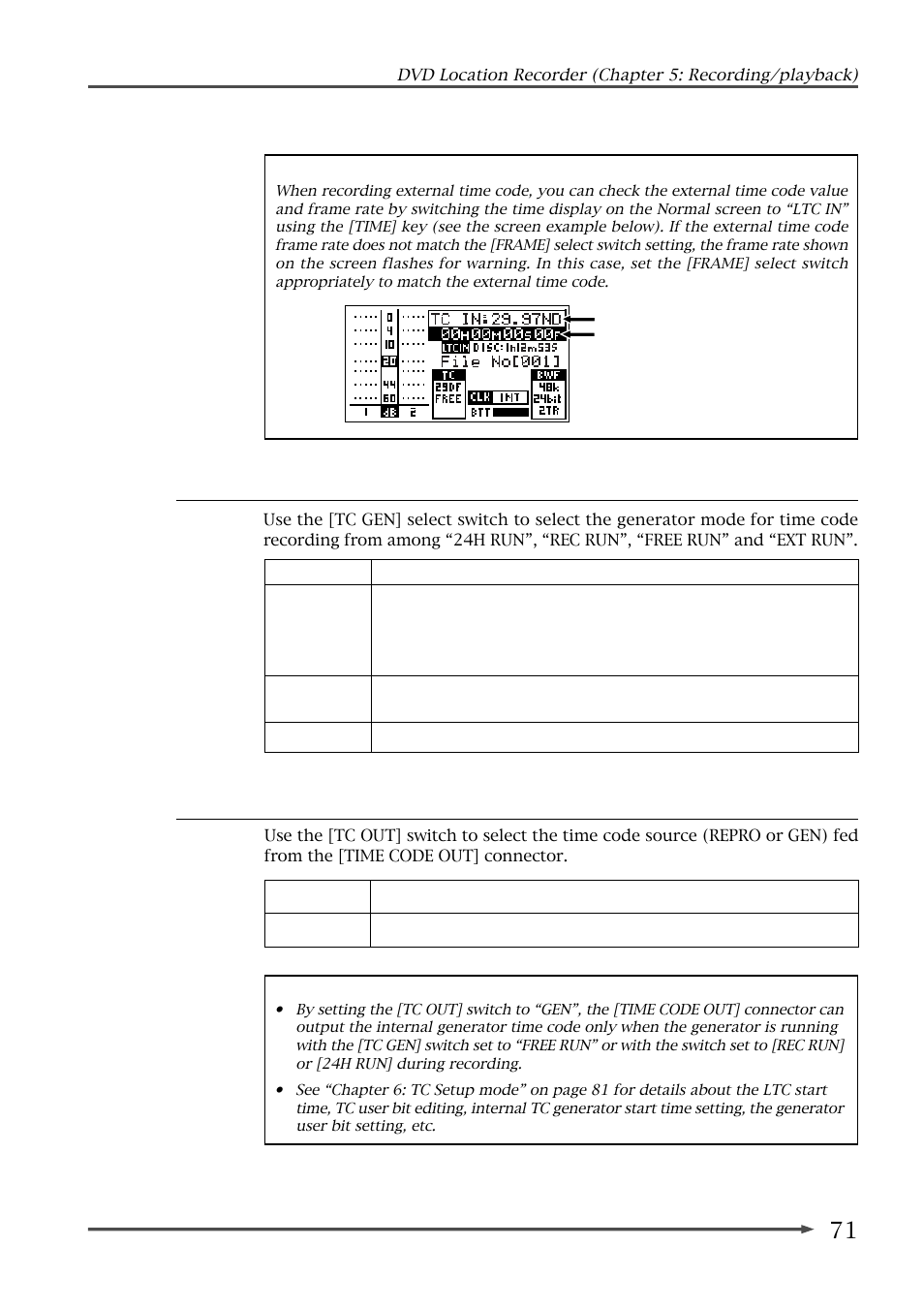 Selecting the tc generate mode, Setting the time code output | Fostex PD-6 User Manual | Page 73 / 150
