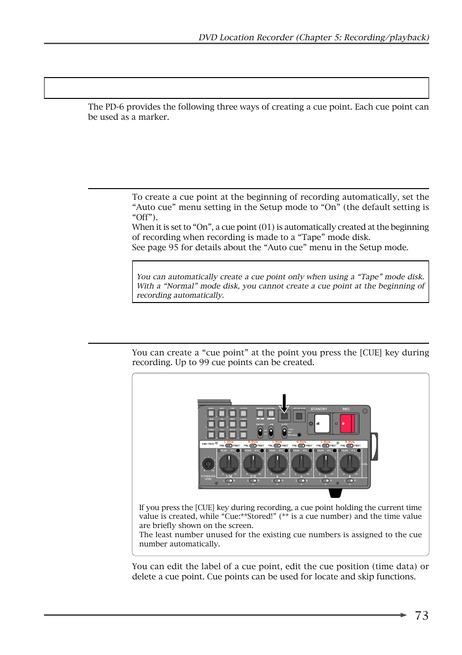 Creating cue points, Creating a cue point on-the-fly | Fostex PD-6 User Manual | Page 75 / 150
