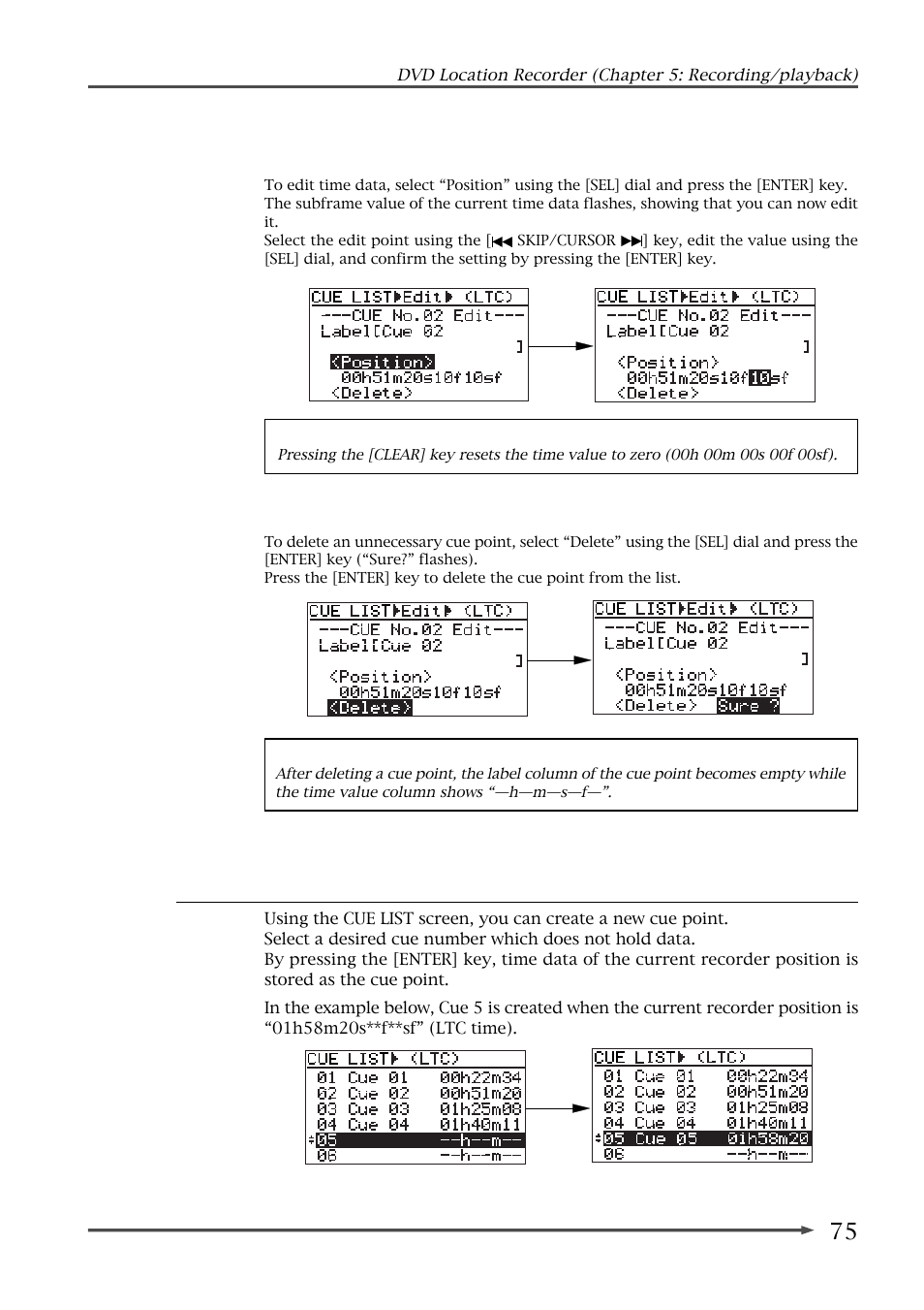 Creating a new cue point using the cue list screen | Fostex PD-6 User Manual | Page 77 / 150