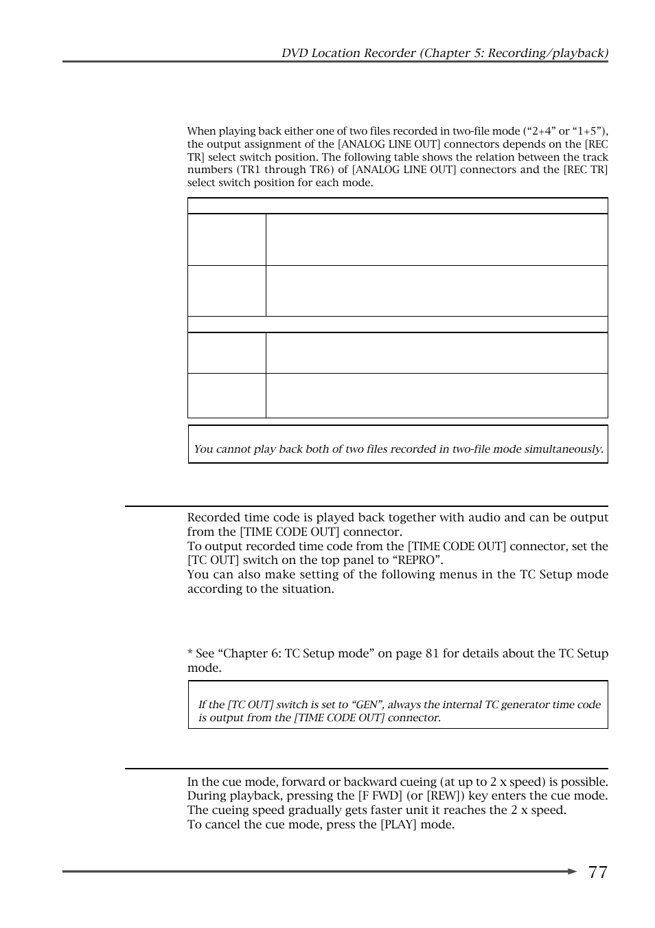 Time code playback, Cueing playback, Playback of a file recorded in two-file mode | Fostex PD-6 User Manual | Page 79 / 150