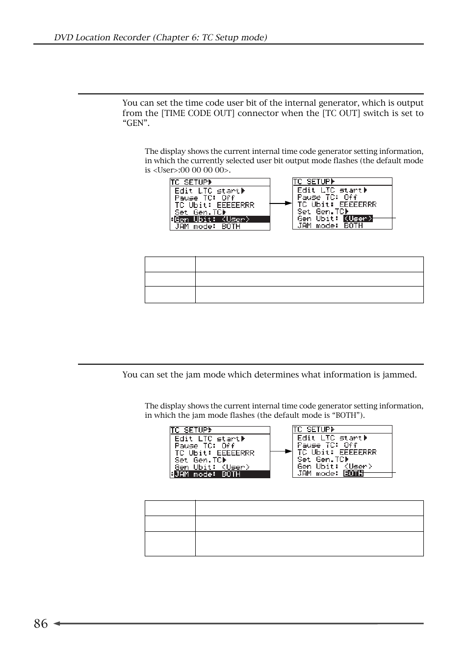 User bit setting of internal generator time code, Jam mode setting | Fostex PD-6 User Manual | Page 88 / 150