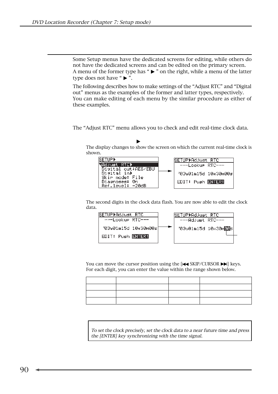 How to make setup menu setting, Adjusting the real-time clock (adjust rtc) | Fostex PD-6 User Manual | Page 92 / 150