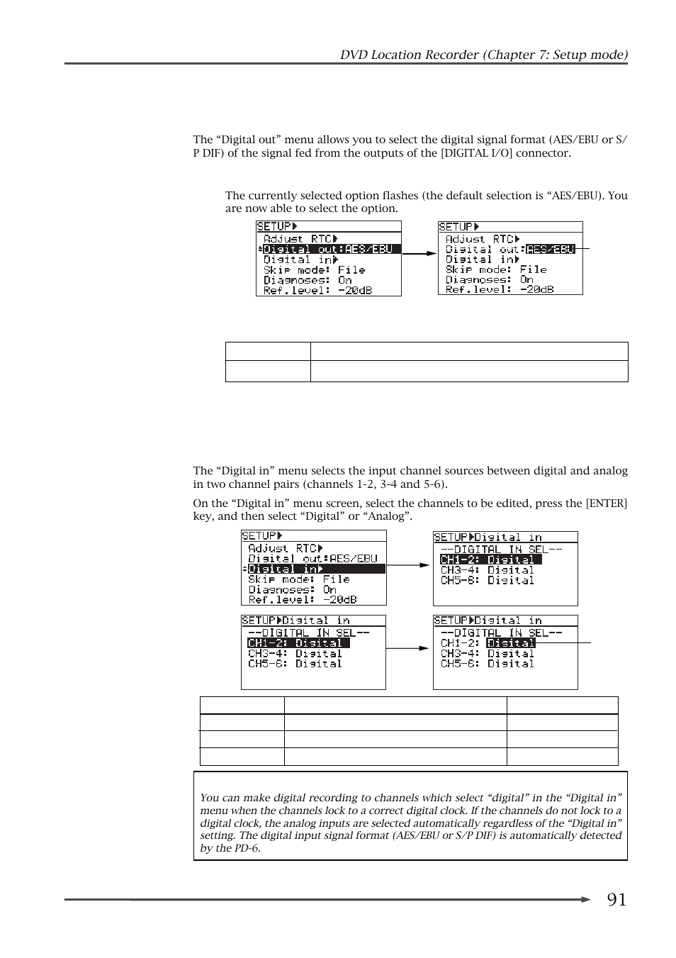 Setting the digital out format (digital out), Digital input channel setting (digital in) | Fostex PD-6 User Manual | Page 93 / 150