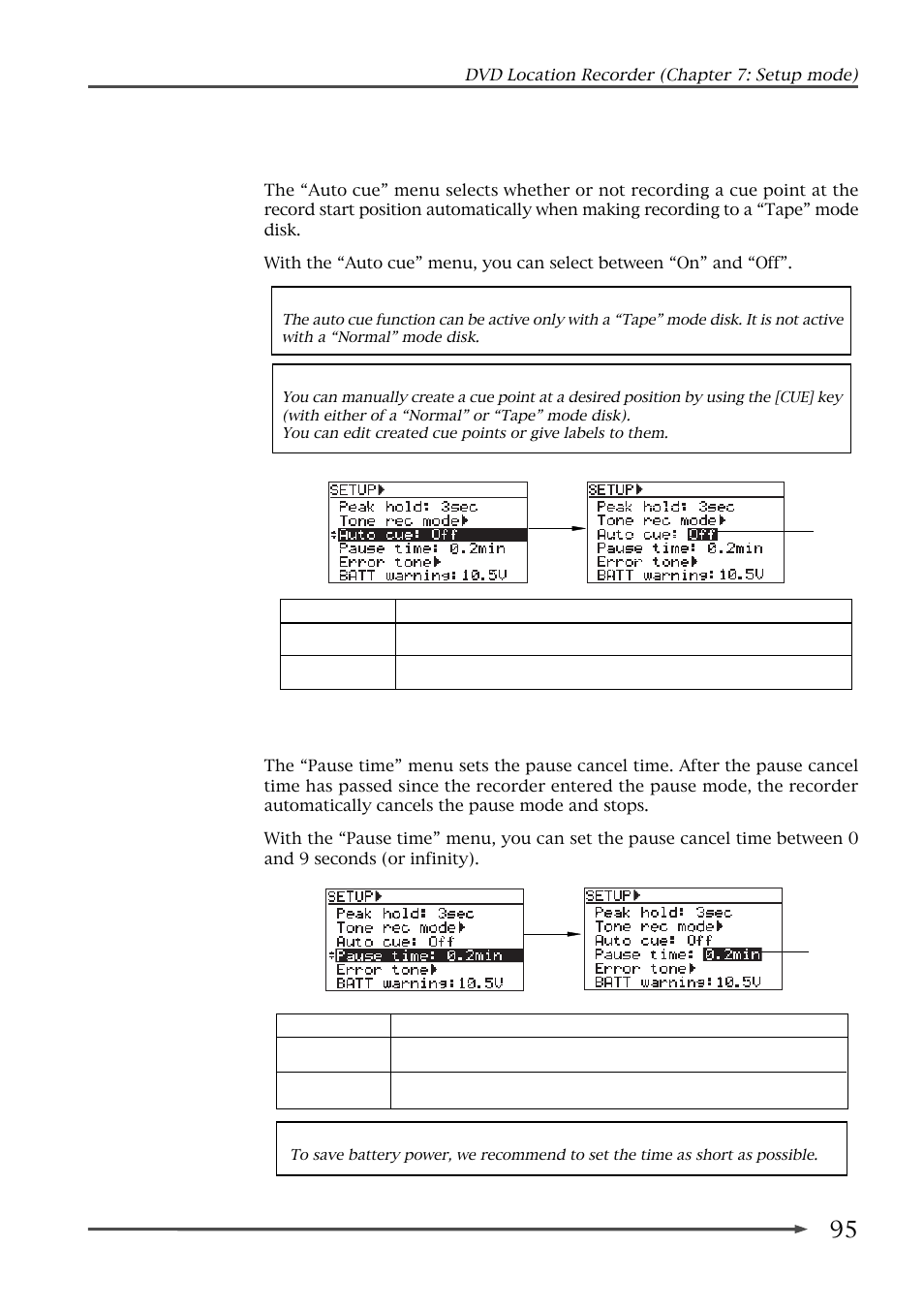 Auto cue mode on/off setting (auto cue), Pause cancel time setting (pause time) | Fostex PD-6 User Manual | Page 97 / 150