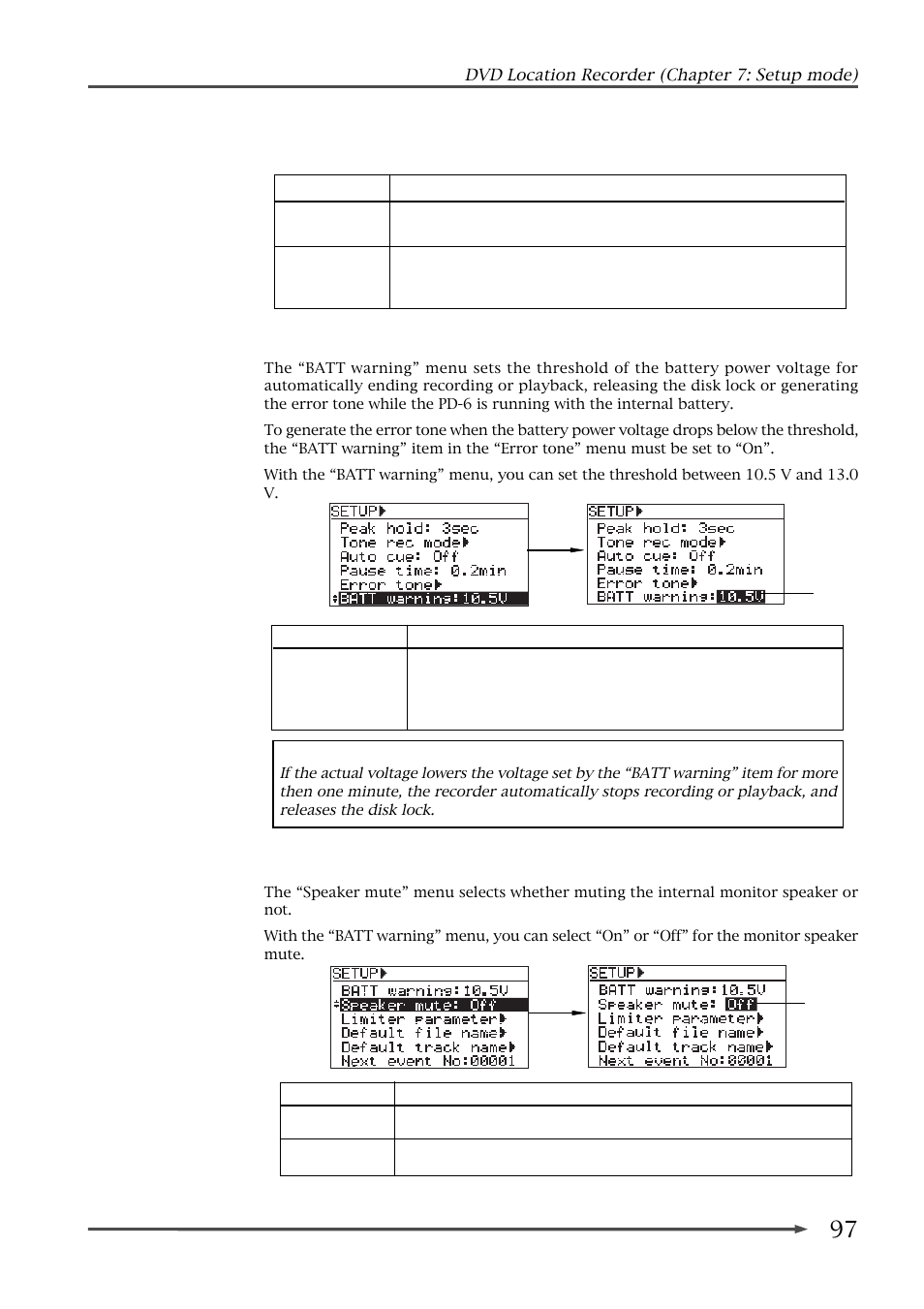 Battery warning setting (batt warning), Speaker mute on/off setting (speaker mute) | Fostex PD-6 User Manual | Page 99 / 150