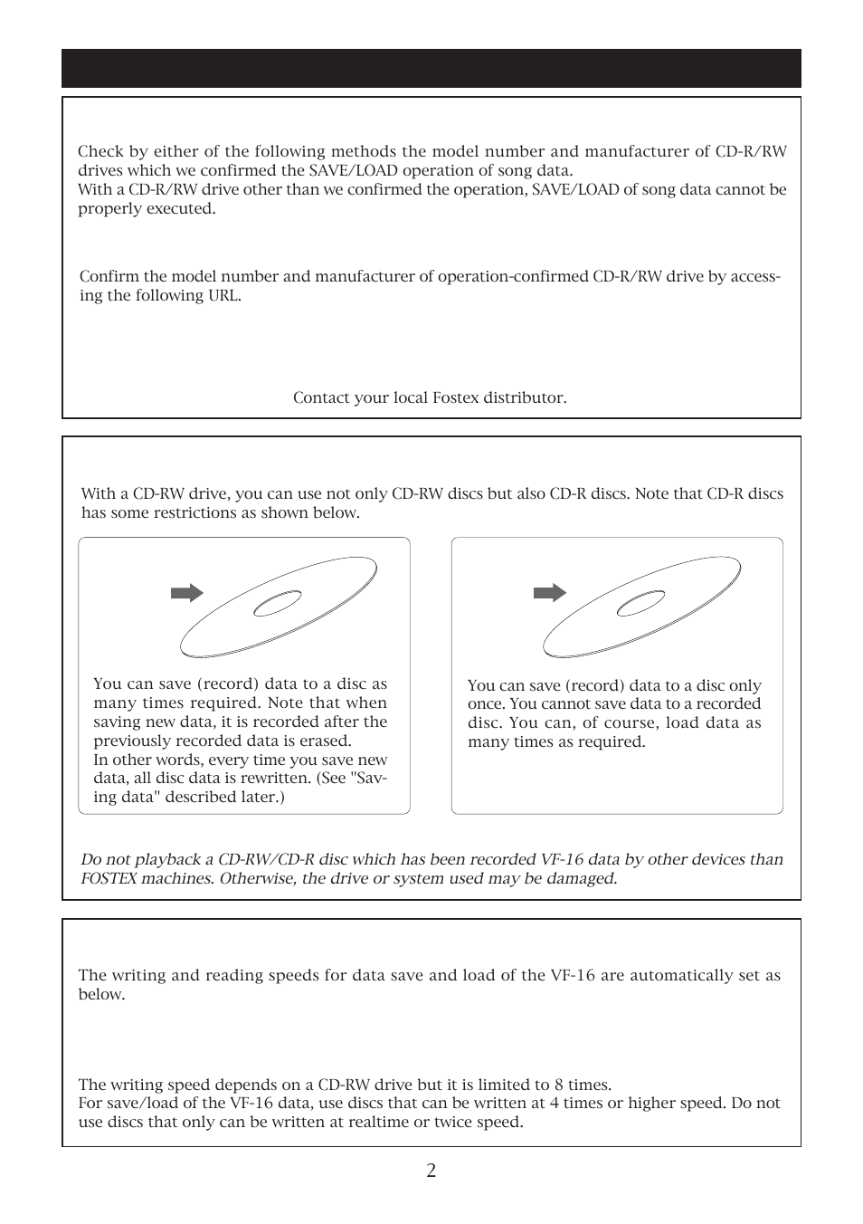Care and handling of cd-rw/cd-r discs, Caution on cd-rw drive, Please read this first | Fostex VF-16 User Manual | Page 2 / 8